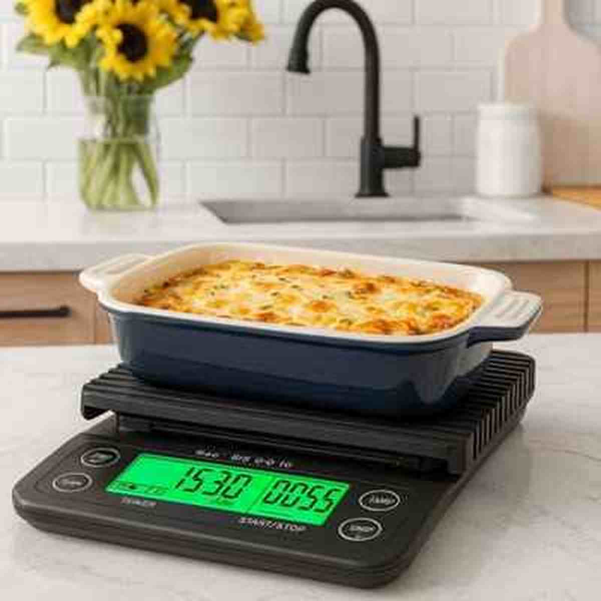 Balance de cuisine numérique noire avec minuteur intégré affichant 1530g pour un plat à gratin, posée sur un plan de travail avec évier en arrière-plan.