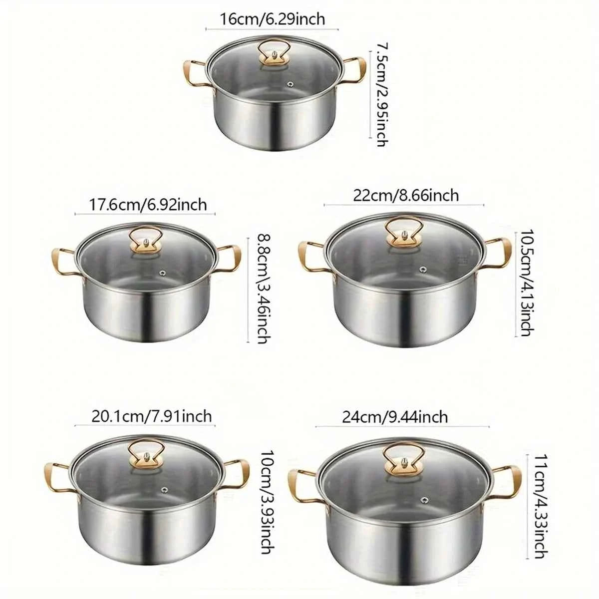 Schéma technique des dimensions pour l'ensemble de 10 pièces : diamètres de 16cm, 17.6cm, 20.1cm, 22cm et 24cm avec leurs hauteurs respectives