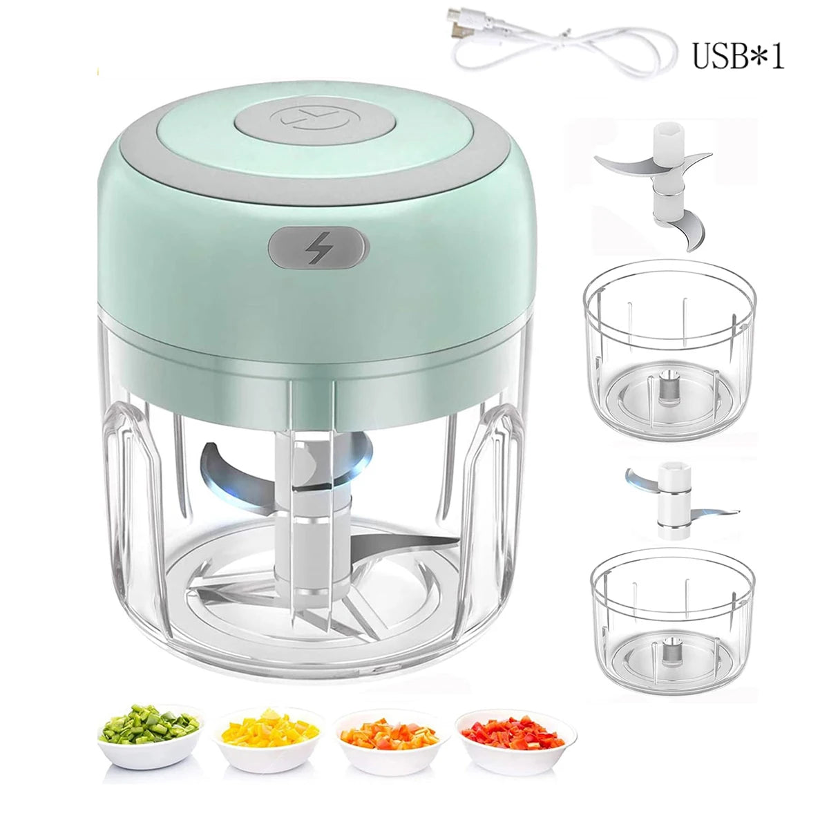 Mini hachoir électrique blanc rechargeable par USB avec ses lames en acier inoxydable et son bol transparent.