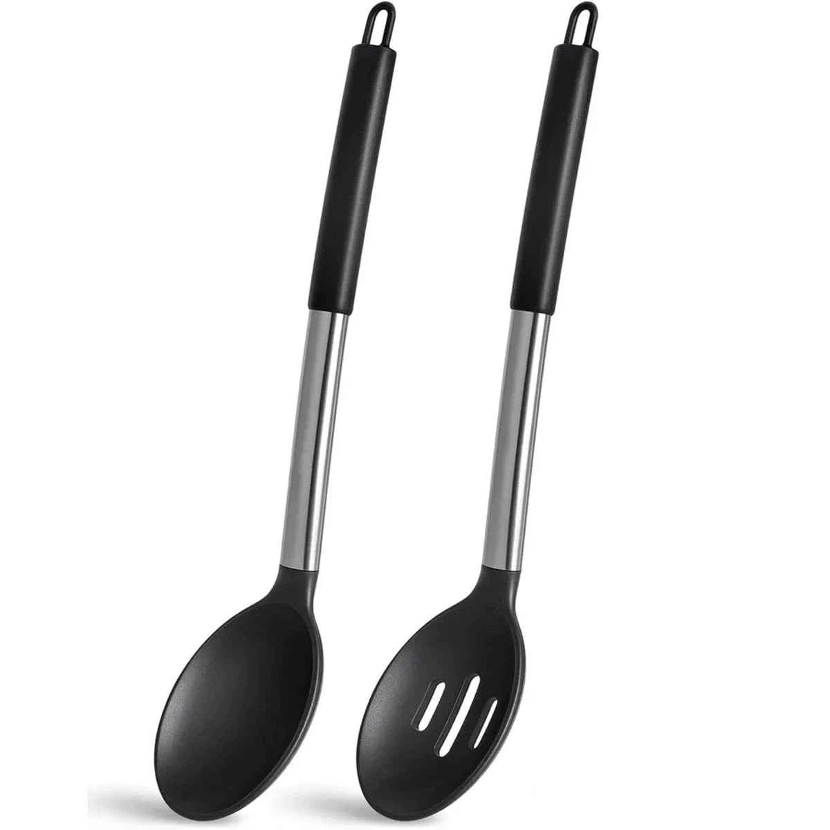 Set de 2 ustensiles de cuisine : cuillère pleine et cuillère passoire en silicone noir et manche inox
