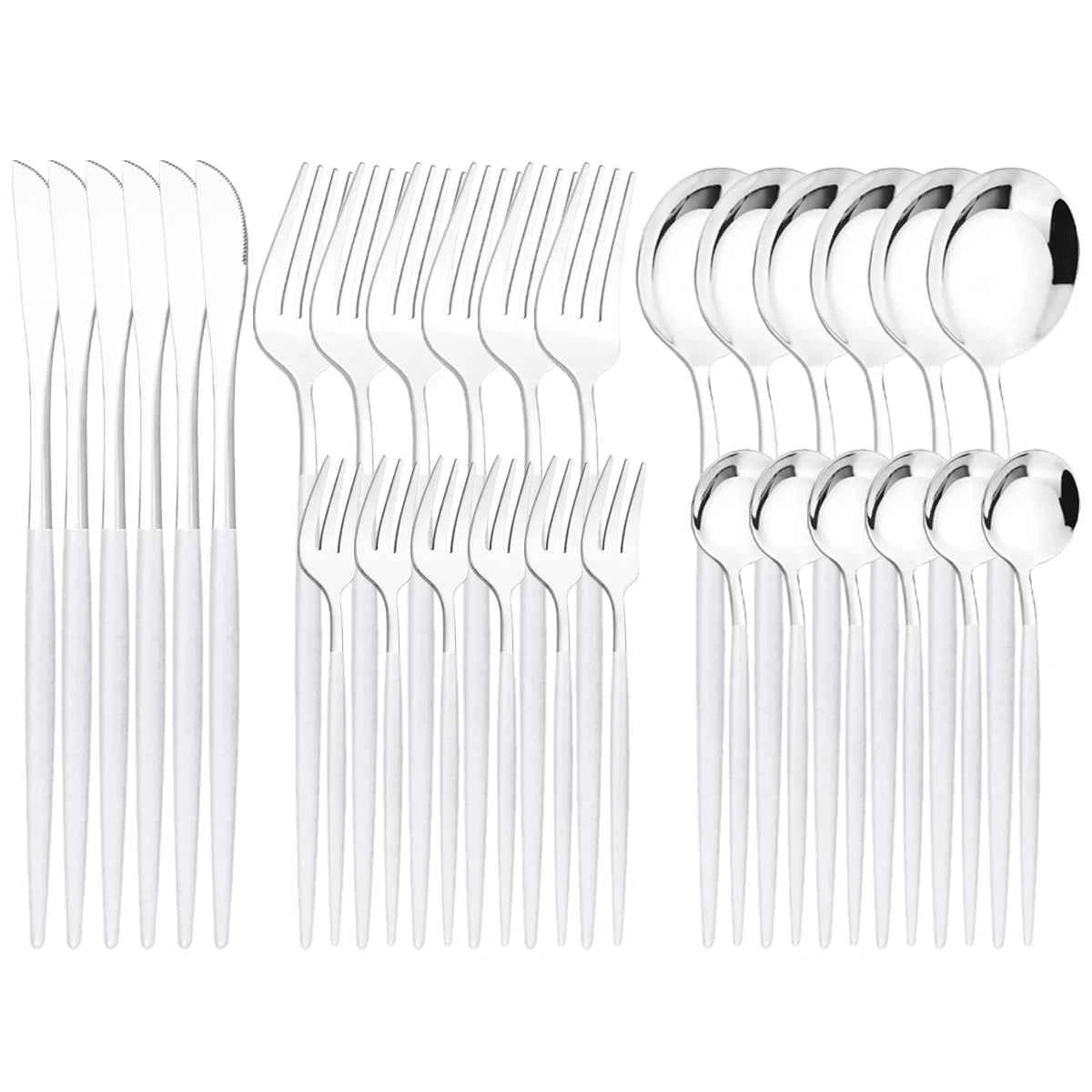 Ménagère 30 pièces bicolore argent et blanc : service de couverts en acier inoxydable avec finition miroir et manches blancs mats élégants