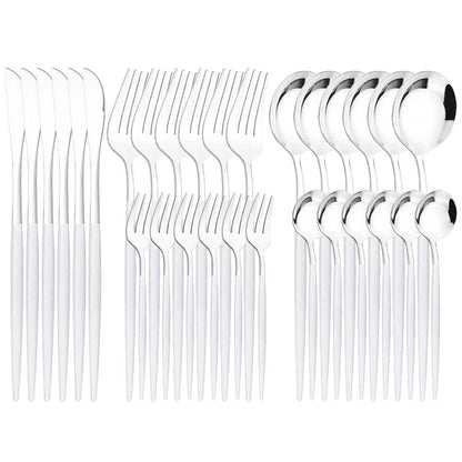 Ménagère 30 pièces bicolore argent et blanc : service de couverts en acier inoxydable avec finition miroir et manches blancs mats élégants