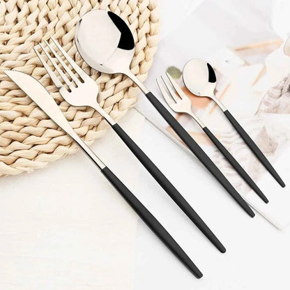 Set 30 Couverts Inox Noir Argenté - Fourchettes Couteaux Cuillères