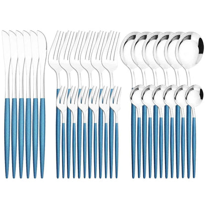 Ménagère 30 pièces bicolore argent et bleu : service de couverts en acier inoxydable avec finition argentée brillante et manches bleu mat