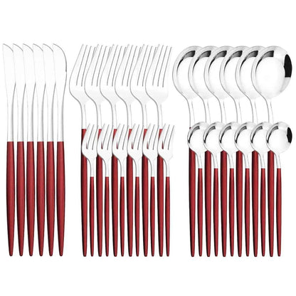 Ménagère 30 pièces bicolore argent et rouge : ensemble de couverts en acier inoxydable avec finition poli miroir et manches rouge mat."