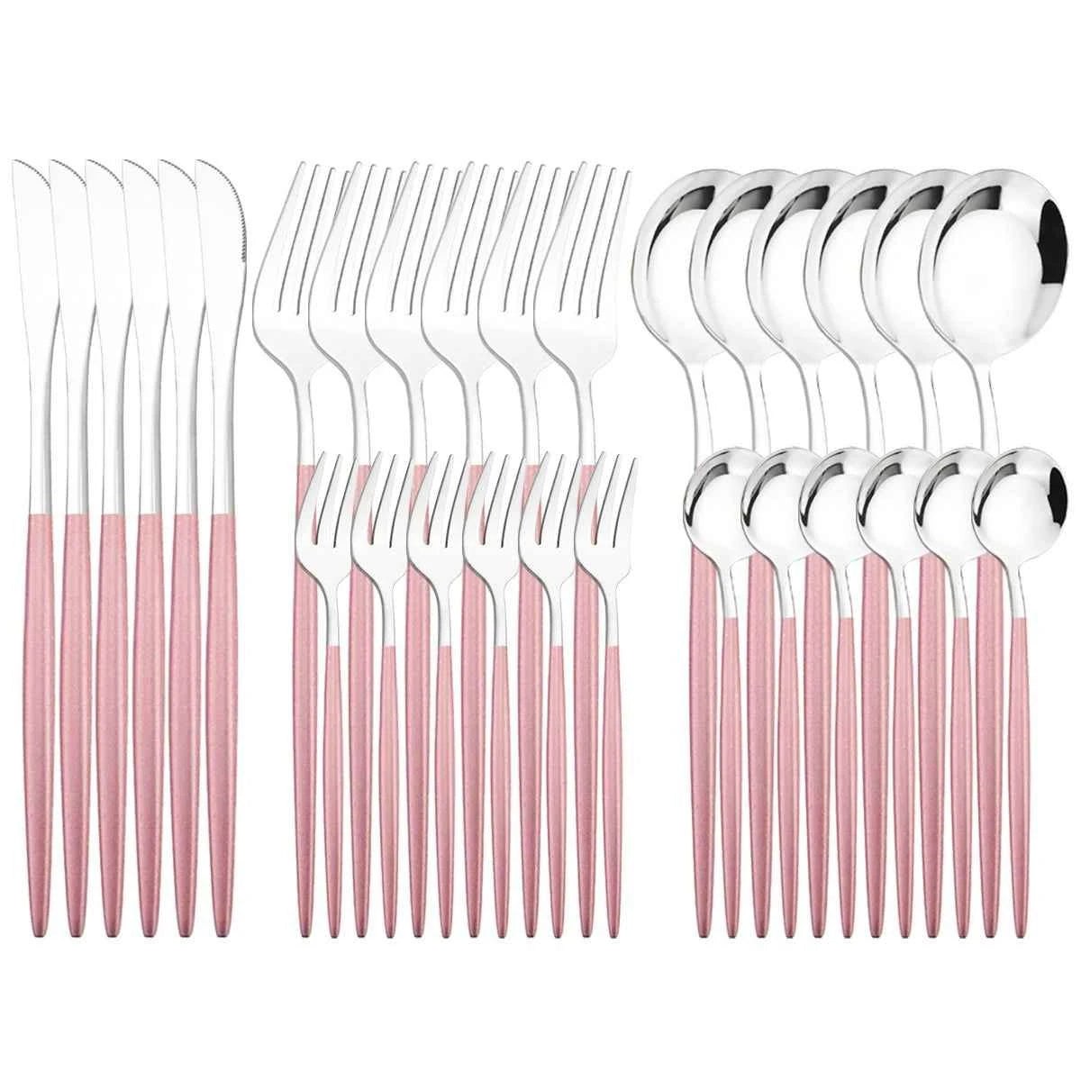 Ménagère 30 pièces bicolore argent et rose : ensemble de couverts en acier inoxydable avec finition poli miroir et manches rose pastel mats