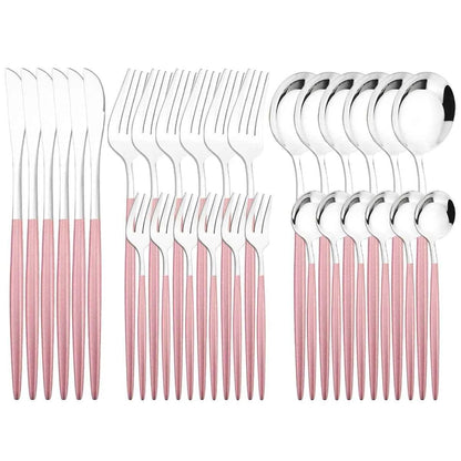 Ménagère 30 pièces bicolore argent et rose : ensemble de couverts en acier inoxydable avec finition poli miroir et manches rose pastel mats