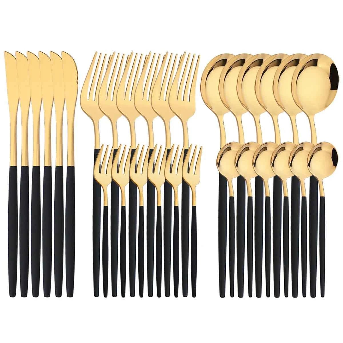 Ménagère 30 pièces luxe noir et or : service complet de couverts en acier inoxydable avec têtes dorées brillantes et manches noirs mats