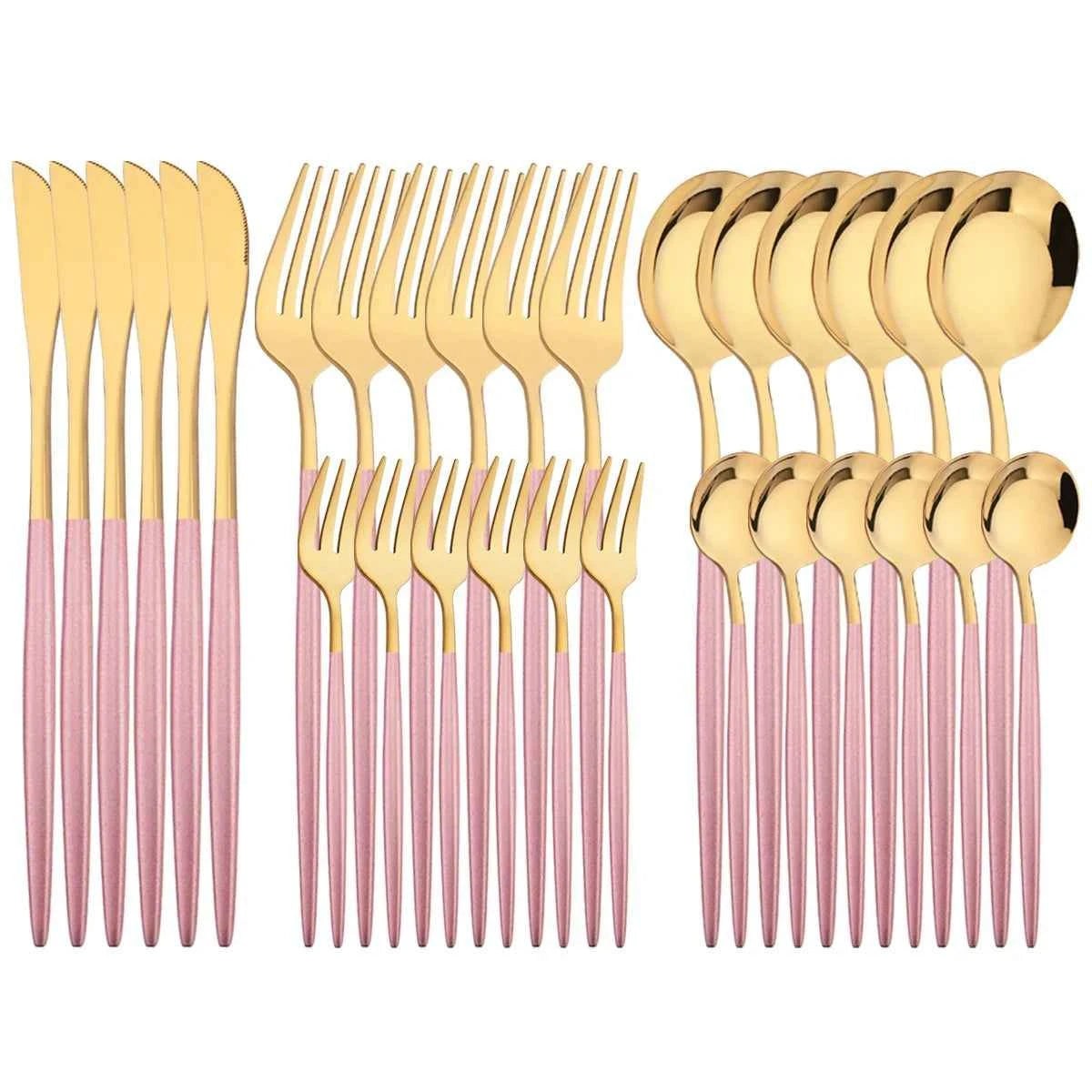Ménagère 30 pièces bicolore or et rose : service complet en acier inoxydable avec couteaux, fourchettes et cuillères aux manches rose mat