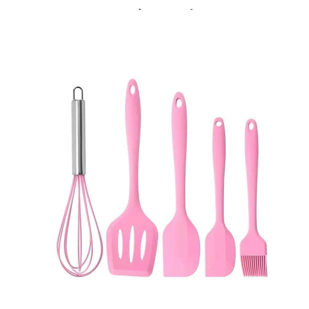 Set de 5 accessoires de pâtisserie en silicone rose : fouet, pinceau, spatule et maryse pour la préparation de gâteaux.