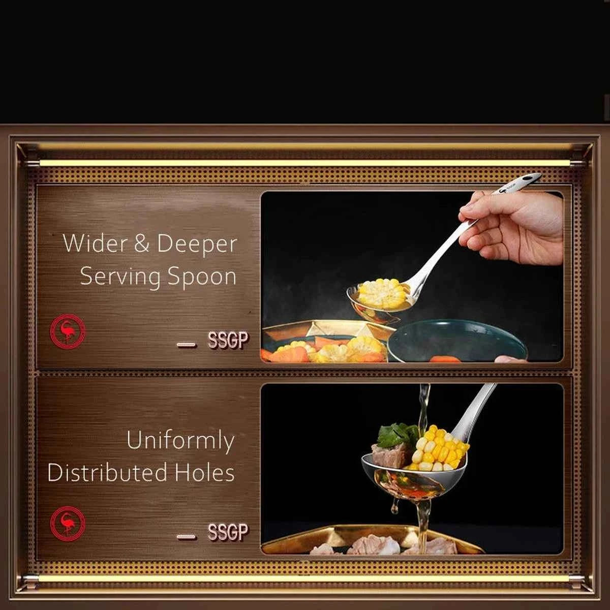 Détail d'une louche à soupe élégante en inox 304 certifié LFGB, idéale pour le service de table et les réceptions