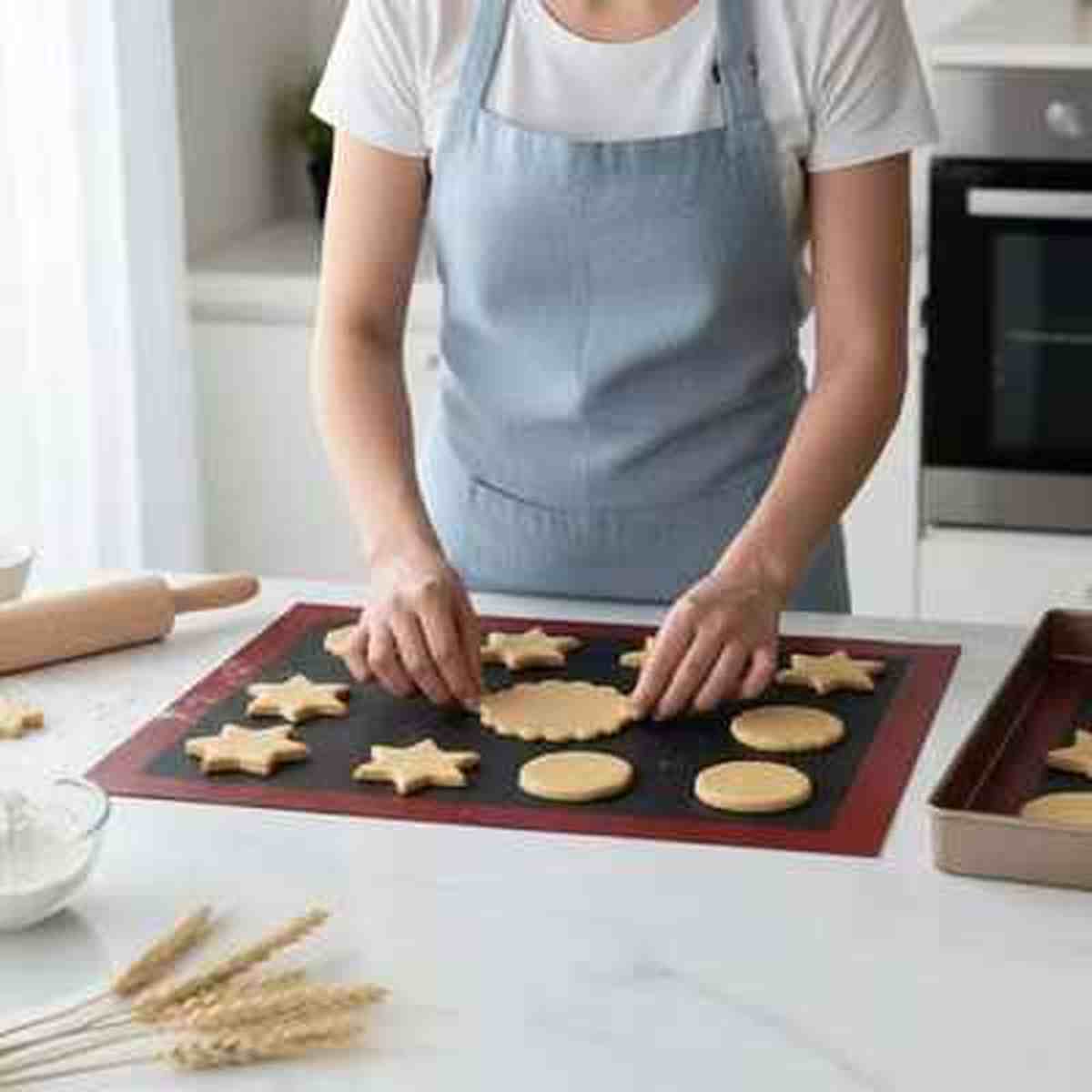 Tapis de cuisson en silicone rouge PâtissiPro utilisé pour préparer des biscuits, alternative écologique et réutilisable pour la pâtisserie maison.