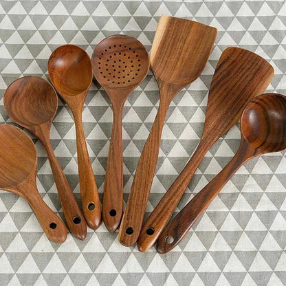 Ustensiles Cuisine Bois de Teck Naturel - Cuillères et Écumoire Thaïlande