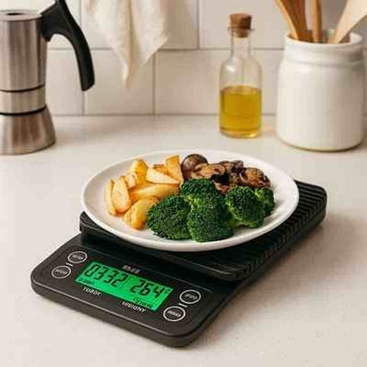 Balance de cuisine noire affichant 332g pour une assiette de brocolis et pommes de terre, avec une cafetière et une bouteille d'huile en arrière-plan.