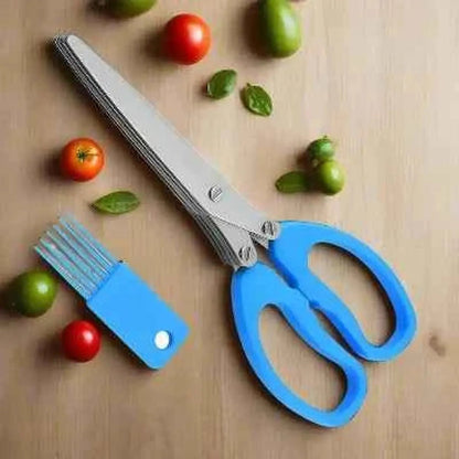 Ciseaux de cuisine MultiLayersScissor à 5 lames en acier inoxydable pour herbes et légumes, coloris bleu