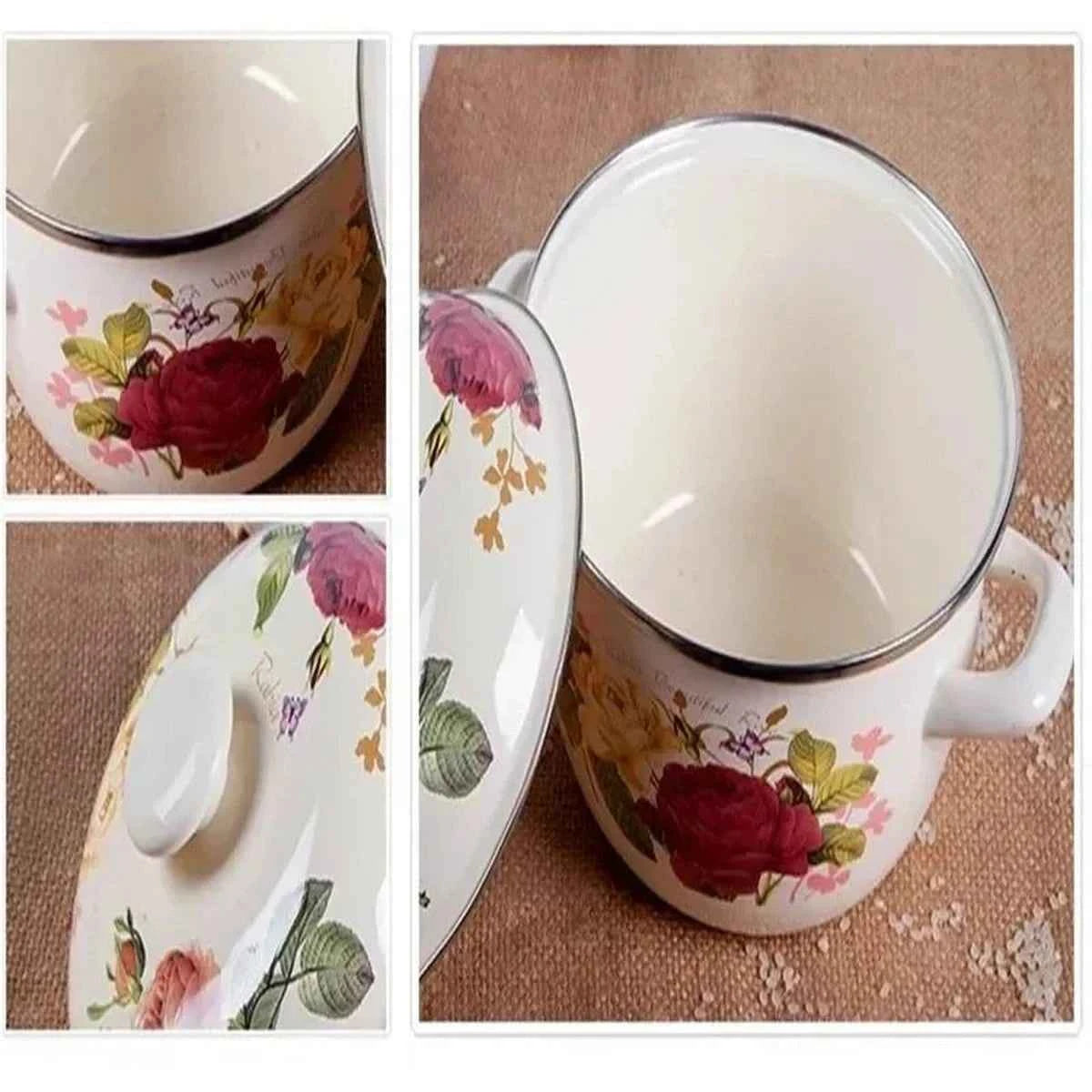 Gros plan sur les motifs de roses rouges d'une casserole en céramique émaillée blanche et vue du bouton de couvercle blanc.