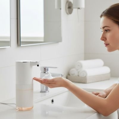 Distributeur de savon automatique blanc et doré HygiTouch avec capteur infrarouge, idéal pour l'hygiène sans contact en cuisine ou salle de bain.