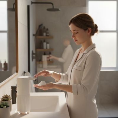 Distributeur de savon automatique blanc et doré HygiTouch avec capteur infrarouge, idéal pour l'hygiène sans contact en cuisine ou salle de bain.