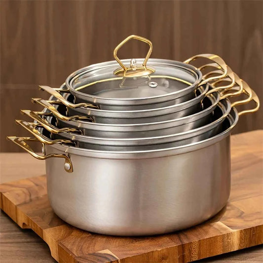 Ensemble complet de 10 pièces de casseroles en acier inoxydable avec poignées dorées et argentées, incluant des couvercles en verre trempé.