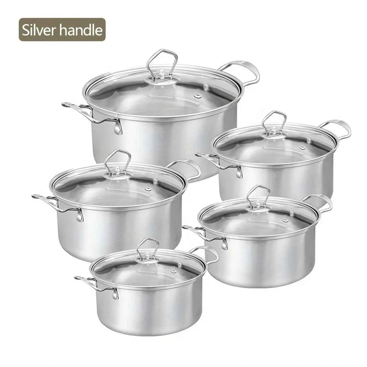 Ensemble de 5 casseroles et faitouts en acier inoxydable avec poignées et boutons de couvercles dorés, design de luxe