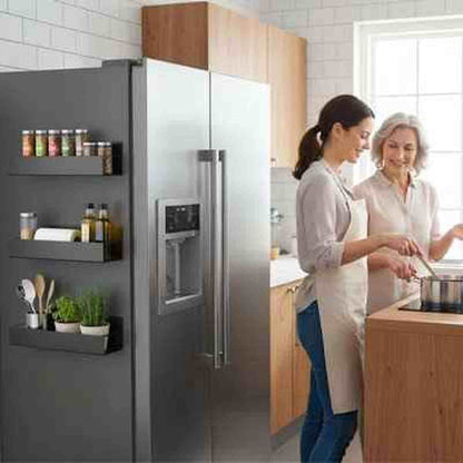 Trois étagères à épices noires OrganizeCuisine fixées sur un réfrigérateur moderne dans une cuisine lumineuse avec deux femmes cuisinant.