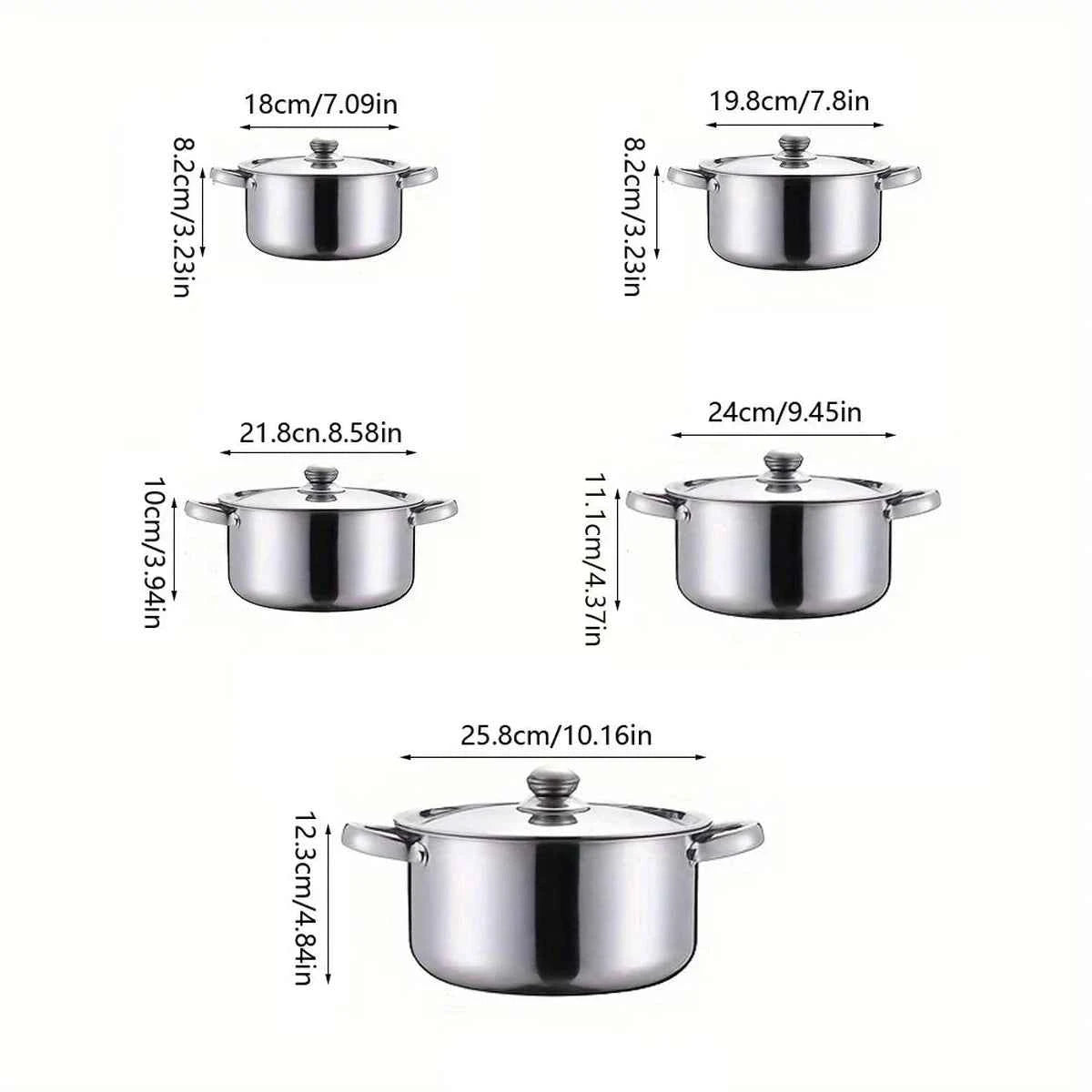Schéma des dimensions des 5 casseroles en inox : diamètres de 18cm, 19.8cm, 21.8cm, 24cm et 25.8cm avec hauteurs détaillées