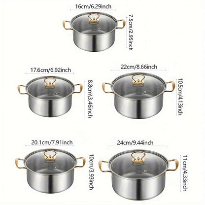 Schéma technique des dimensions pour l'ensemble de 10 pièces : diamètres de 16cm, 17.6cm, 20.1cm, 22cm et 24cm avec leurs hauteurs respectives
