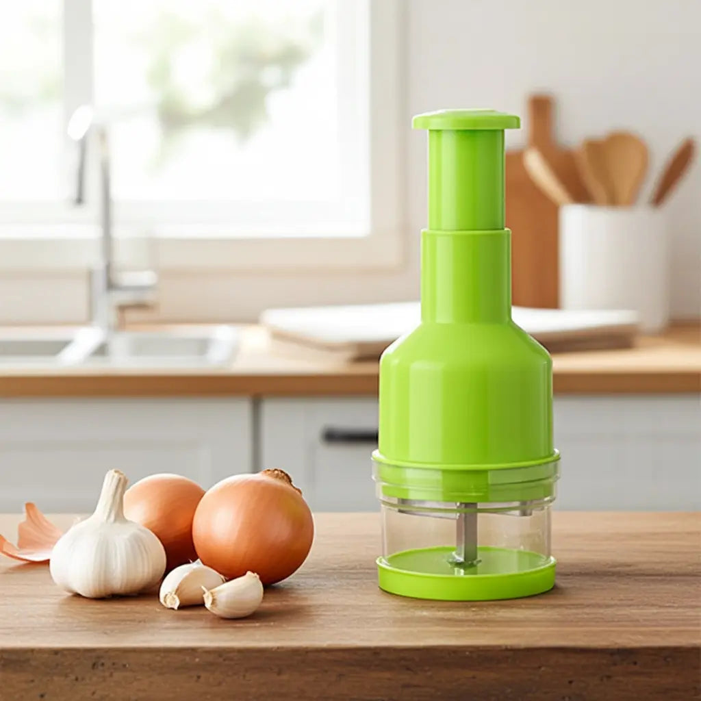 Hachoir manuel à pression vert pour oignons et ail posé sur un plan de travail en bois dans une cuisine lumineuse