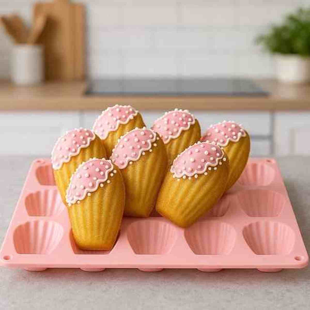 Moule à madeleines en silicone rouge avec 12 empreintes, présenté avec des madeleines dorées et un café pour un petit-déjeuner gourmand.