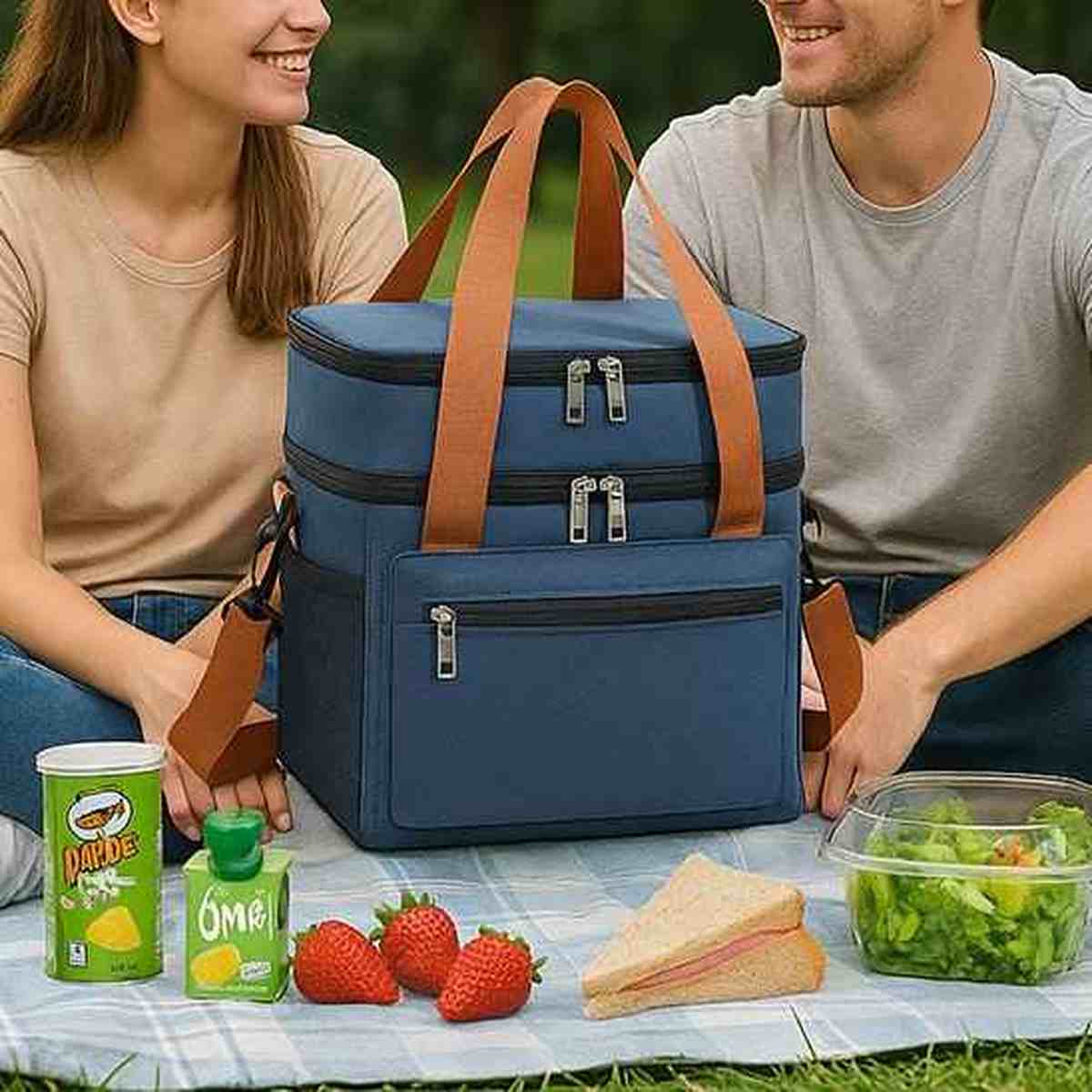 Sac isotherme bleu à double compartiment pour pique-nique, avec bouteilles, fruits et repas sur l'herbe.