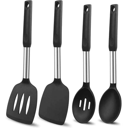 Ensemble de 4 ustensiles de cuisine noirs : spatule pleine, spatule ajourée, écumoire et louche avec manches en acier inoxydable
