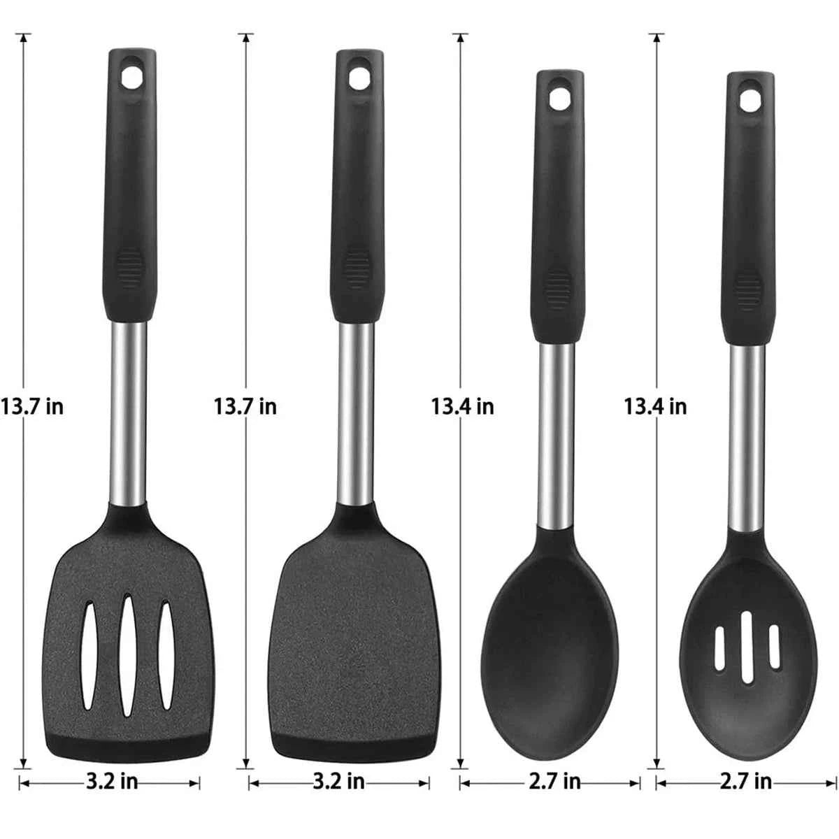 Ustensiles de cuisine modernes noirs et argentés résistants à la chaleur, parfaits pour une décoration de cuisine élégante