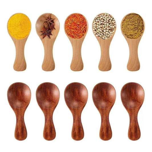 Lot de 5 mini cuillères en bois naturel (clair et foncé) remplies d'épices variées comme le curcuma et le poivre