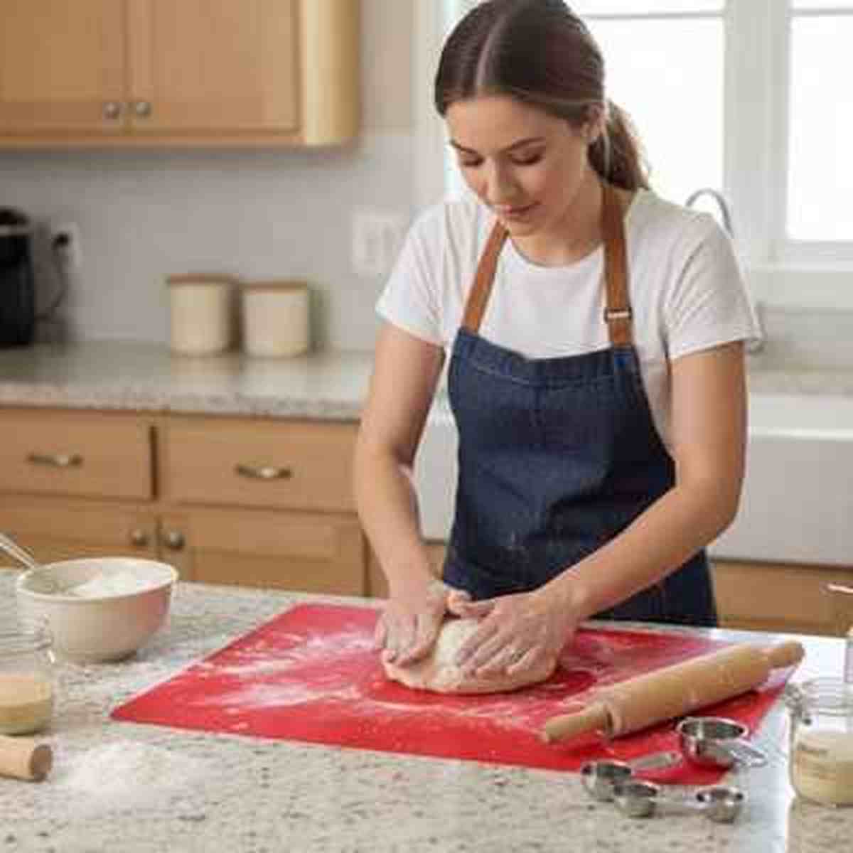 Tapis de cuisson en silicone rouge PâtissiPro utilisé pour pétrir de la pâte sur un plan de travail, montrant sa résistance et son design premium.