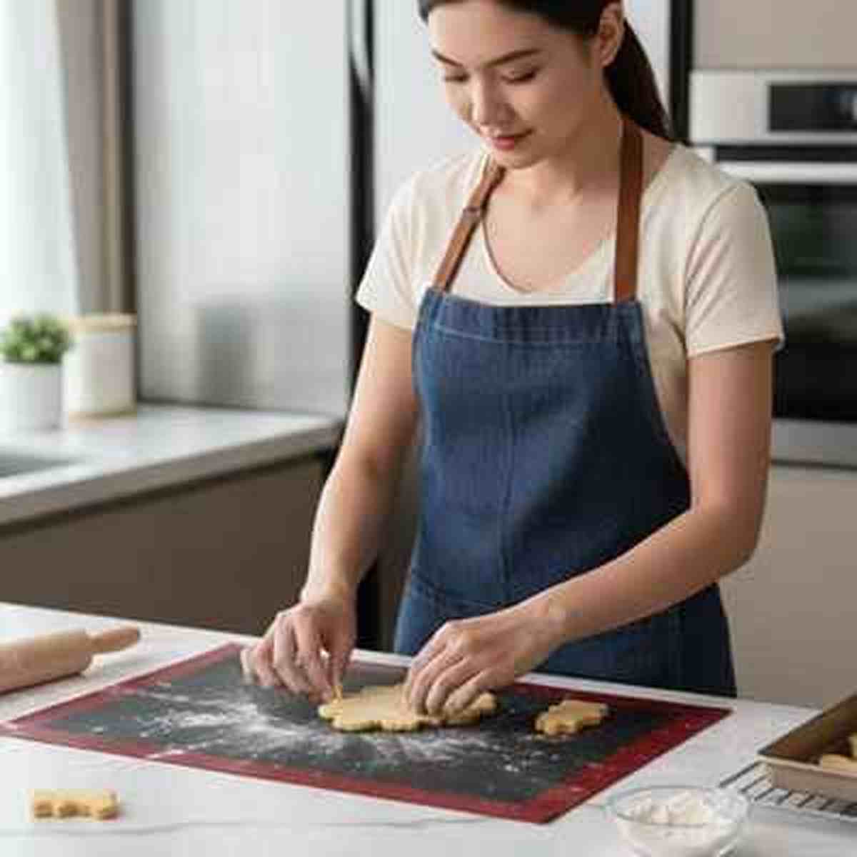 Utilisation d'emporte-pièces sur le tapis de cuisson en silicone rouge PâtissiPro pour préparer des biscuits, montrant sa surface antiadhésive et stable.