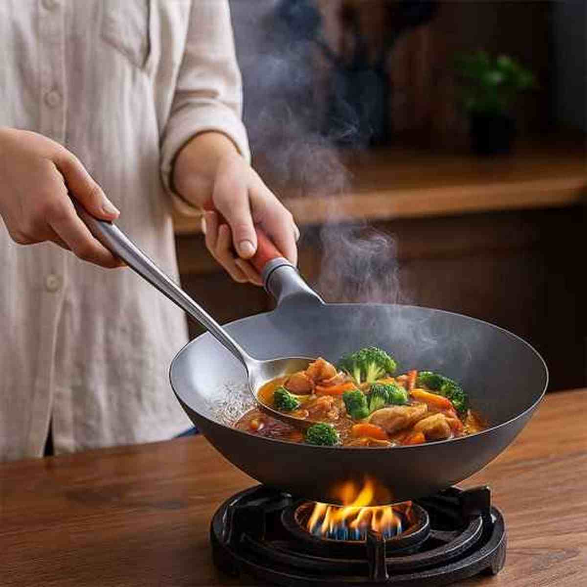 Wok professionnel en acier au carbone sur une cuisinière à gaz montrant une cuisson rapide de légumes et de viande avec de la vapeur.
